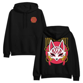 Black hoodie with fox mask Dance Gavin Dance design on front and back on a white background. 
