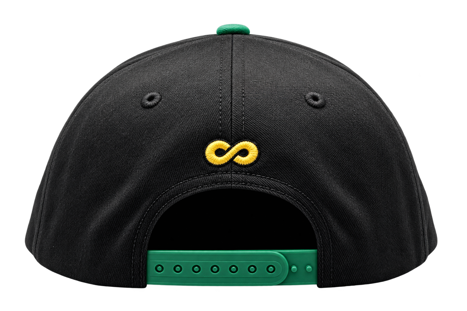 Black baseball cap shown from the back, featuring a yellow embroidered infinity symbol on the center, a green snapback strap, and a green button on top.