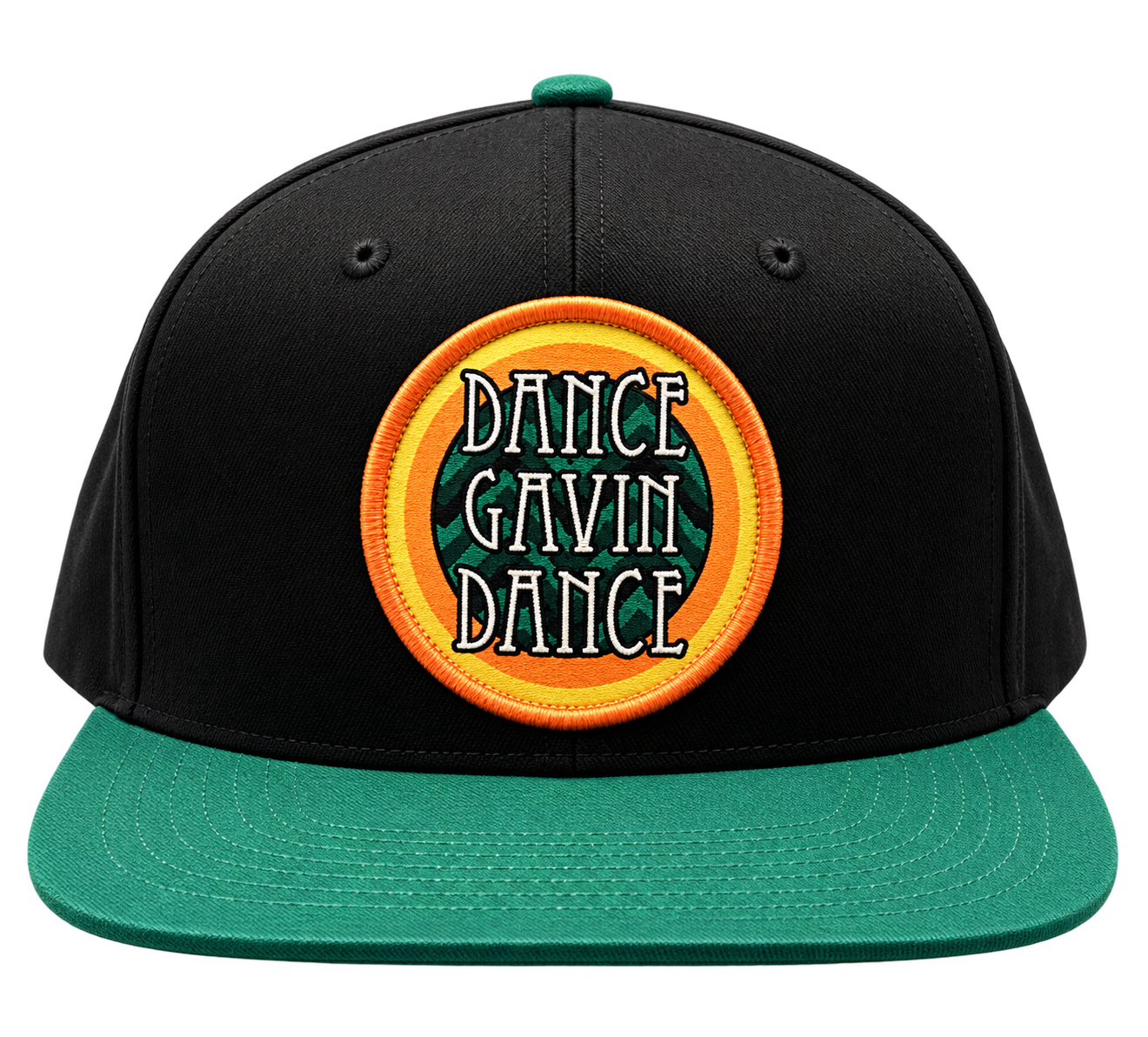 A structured snapback cap with a black crown, green flat brim, and a green button, featuring a circular embroidered patch on the front with the text 'DANCE GAVIN DANCE' in white with black outlines, set against a green background with yellow and orange concentric rings.