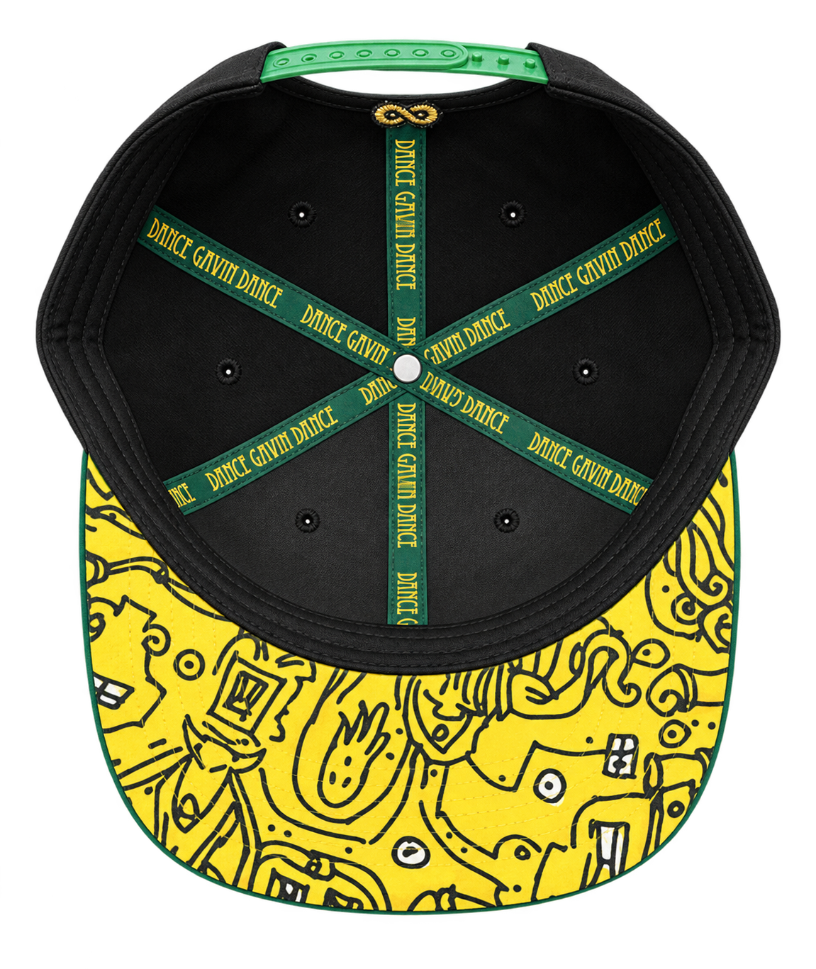 Top-down view of a black snapback cap with a bright yellow brim featuring black doodle-style graphics, green trim, and a green hanging strap. The interior has green and black straps printed repeatedly with the brand name 'DANCE GAVIN DANCE'.
