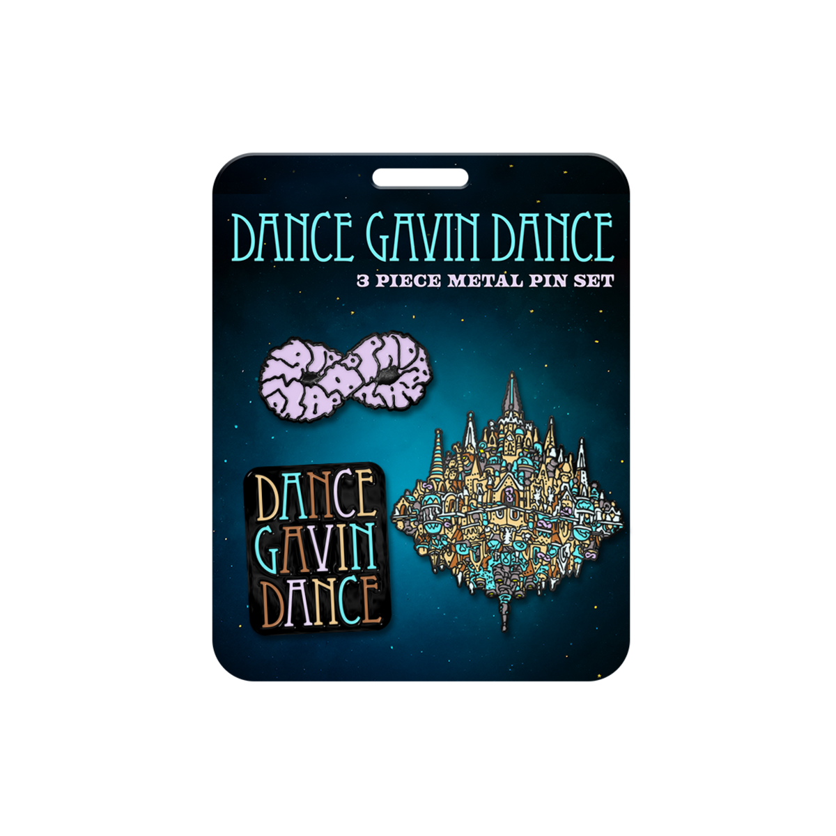 Three-piece metal pin set of 'Dance Gavin Dance' on a branded card with a blue space-themed background.