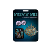 Three-piece metal pin set of 'Dance Gavin Dance' on a branded card with a blue space-themed background.
