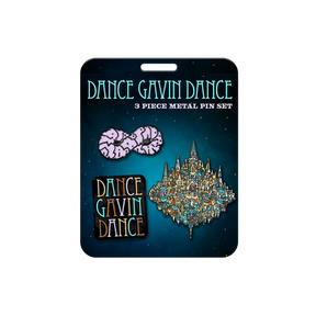 Three-piece metal pin set of 'Dance Gavin Dance' on a branded card with a blue space-themed background.