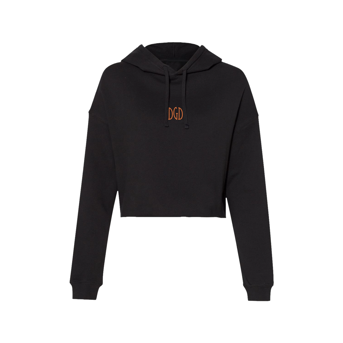 A black women's cropped pullover hoodie with 'DGD' embroidered on the front, featuring a hood, drawcord, and ribbing at cuffs.