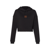 A black women's cropped pullover hoodie with 'DGD' embroidered on the front, featuring a hood, drawcord, and ribbing at cuffs.