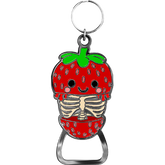 Strawberry skeleton bottle opener keychain on a white background