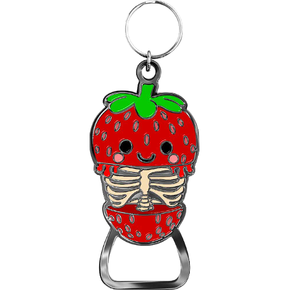 Strawberry skeleton bottle opener keychain on a white background
