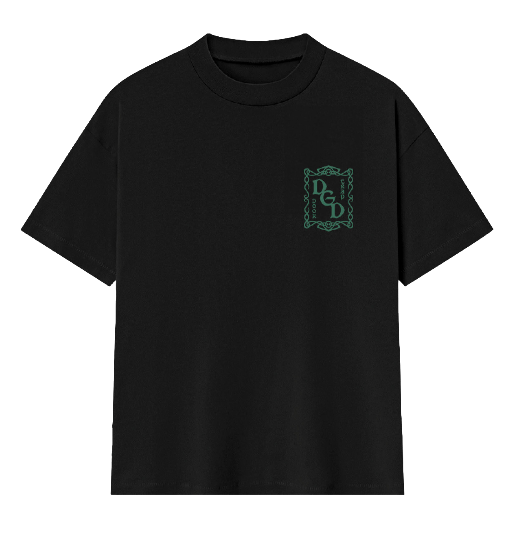 Black t-shirt with a green logo on a white background
