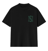 Black t-shirt with a green logo on a white background