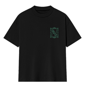 Black t-shirt with a green logo on a white background
