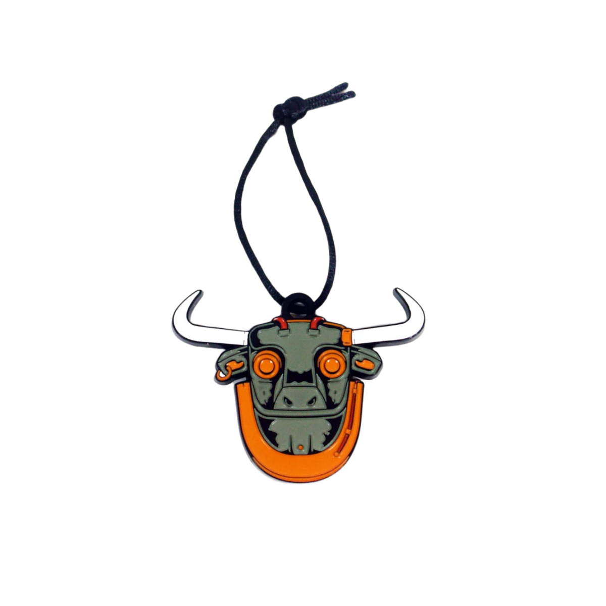 An enamel ornament in the shape of a bull's head with black horns and orange body, with a string for hanging.