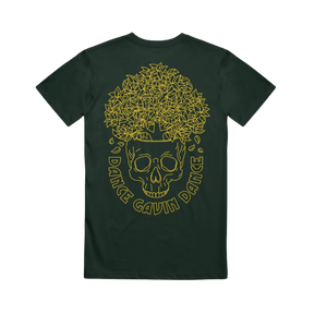 Dark green t-shirt with yellow skull design and Dance Gavin Dance text 