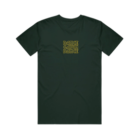 Green t-shirt with yellow text 'DANCE GAVIN DANCE' 