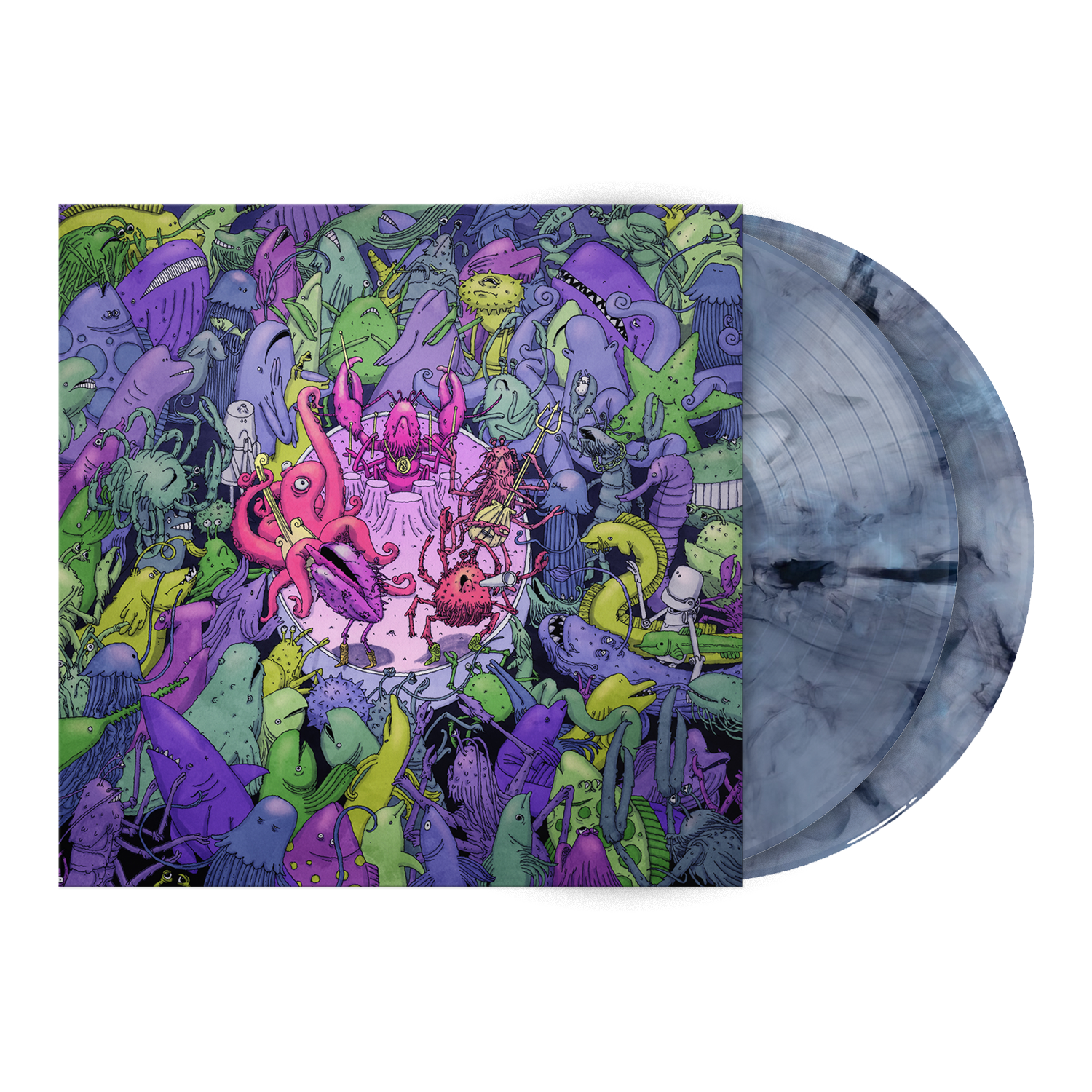 Vinyl record with a colorful, abstract cover design on a white background