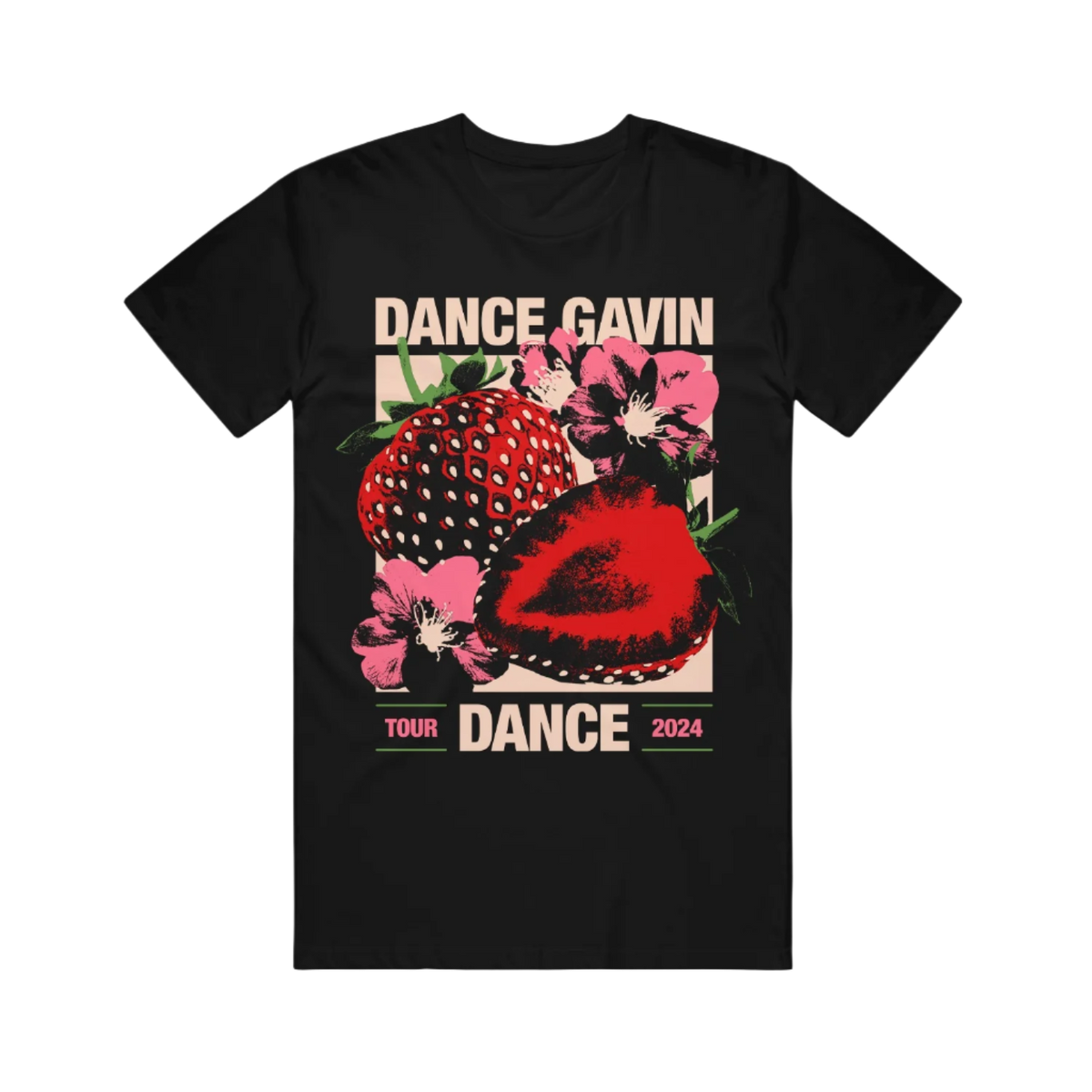 Black t-shirt with 'Dance Gavin Dance' tour graphic featuring strawberries and flowers. 