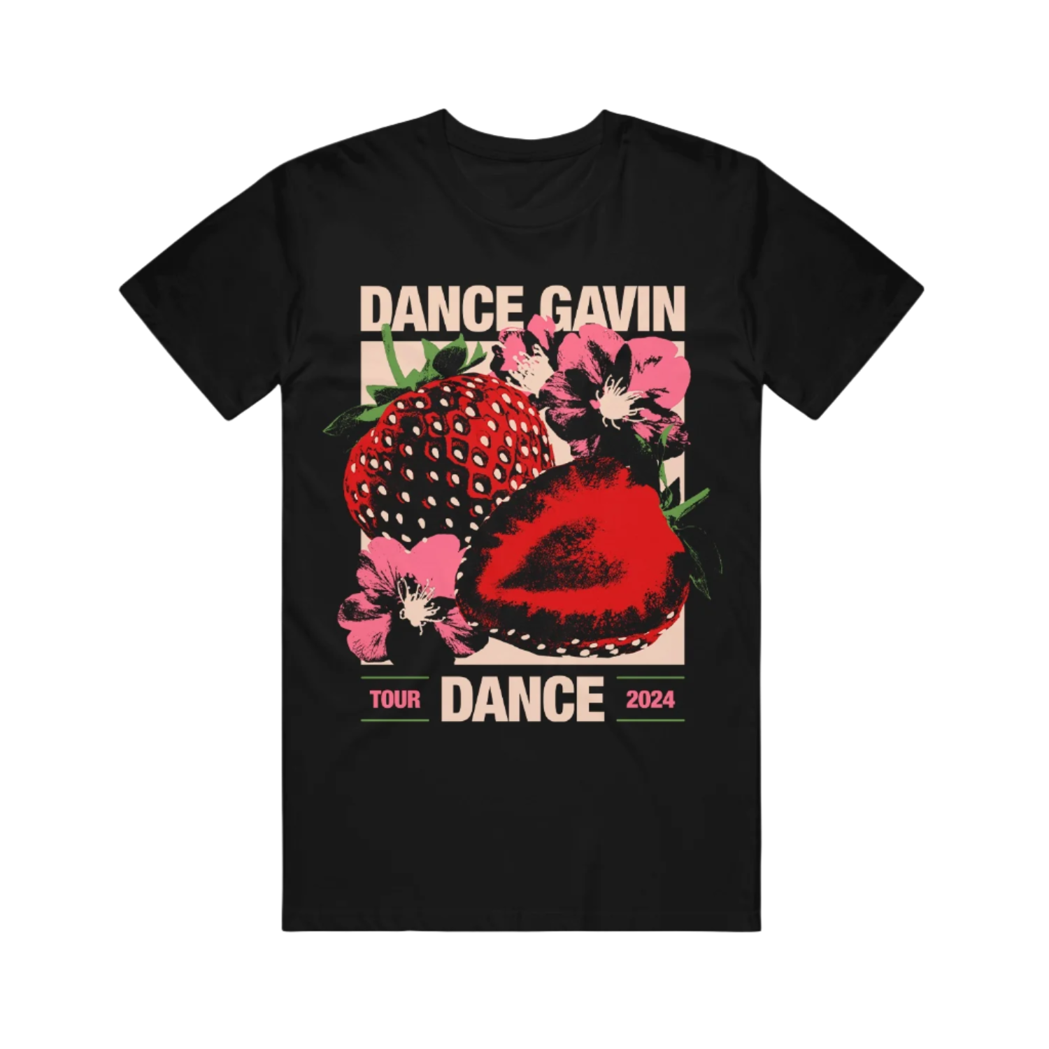 Black t-shirt with 'Dance Gavin Dance' tour graphic featuring strawberries and flowers. 