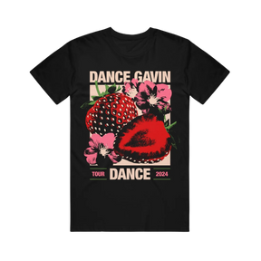 Black t-shirt with 'Dance Gavin Dance' tour graphic featuring strawberries and flowers. 
