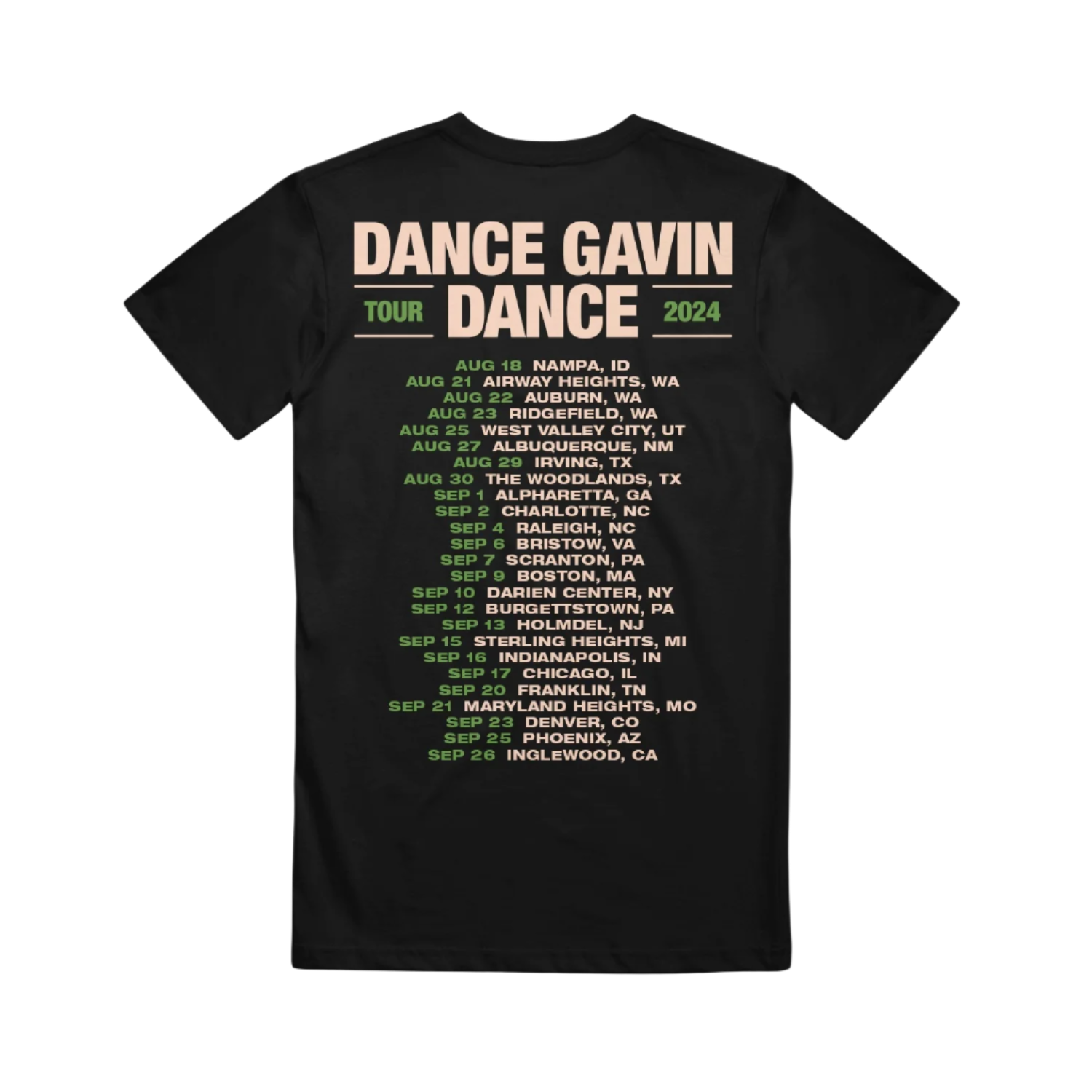 Black t-shirt with 'Dance Gavin Dance' 2024 tour details