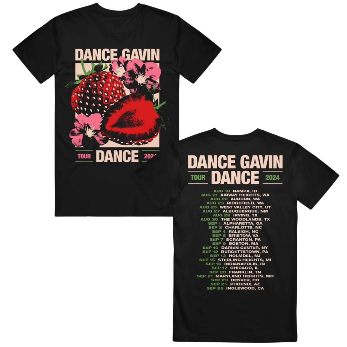 Black t-shirt with 'Dance Gavin Dance' graphic and 2024 tour dates. 