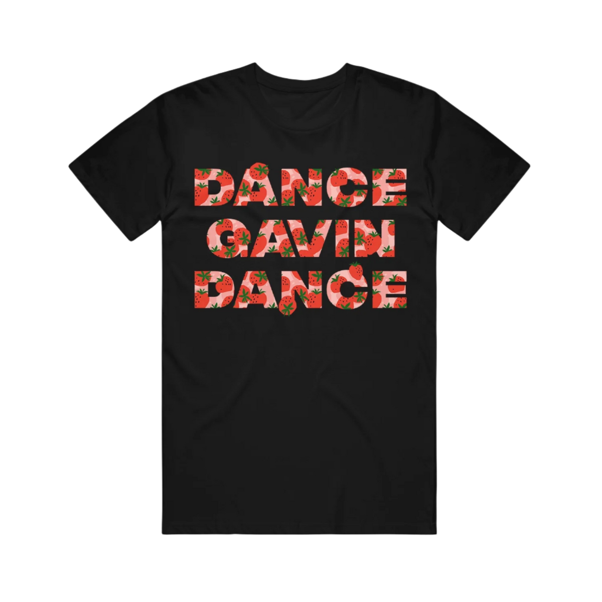 Black t-shirt with the text 'DANCE GAVIN DANCE' printed in a Strawberry Pattern