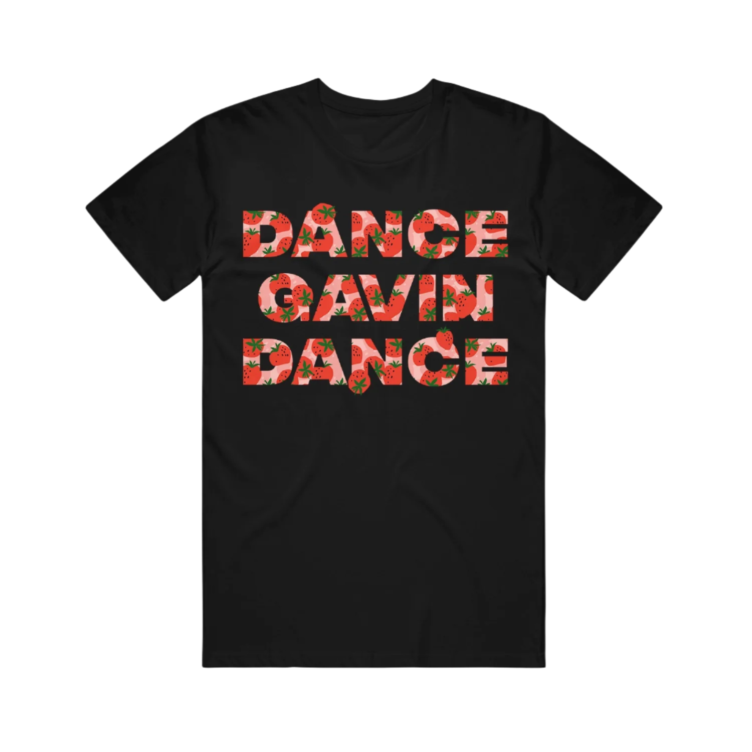 Black t-shirt with the text 'DANCE GAVIN DANCE' printed in a Strawberry Pattern