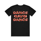 Black t-shirt with the text 'DANCE GAVIN DANCE' printed in a Strawberry Pattern