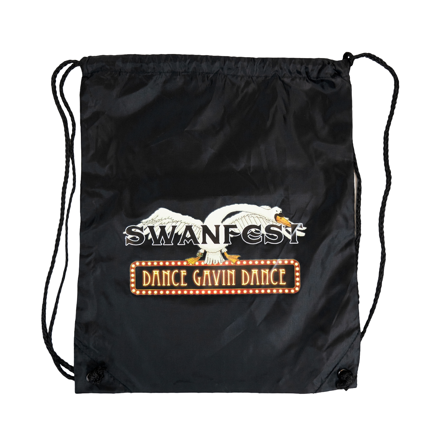Black drawstring bag with 'Swanfest Dance Gavin Dance' logo