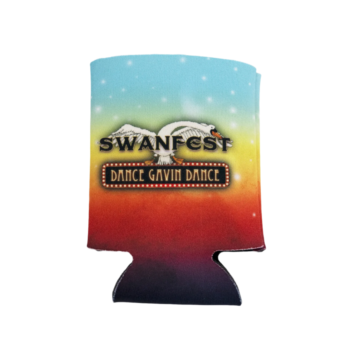 A multicolored drink koozie with 'SWANFEST DANCE GAVIN DANCE' text on it.