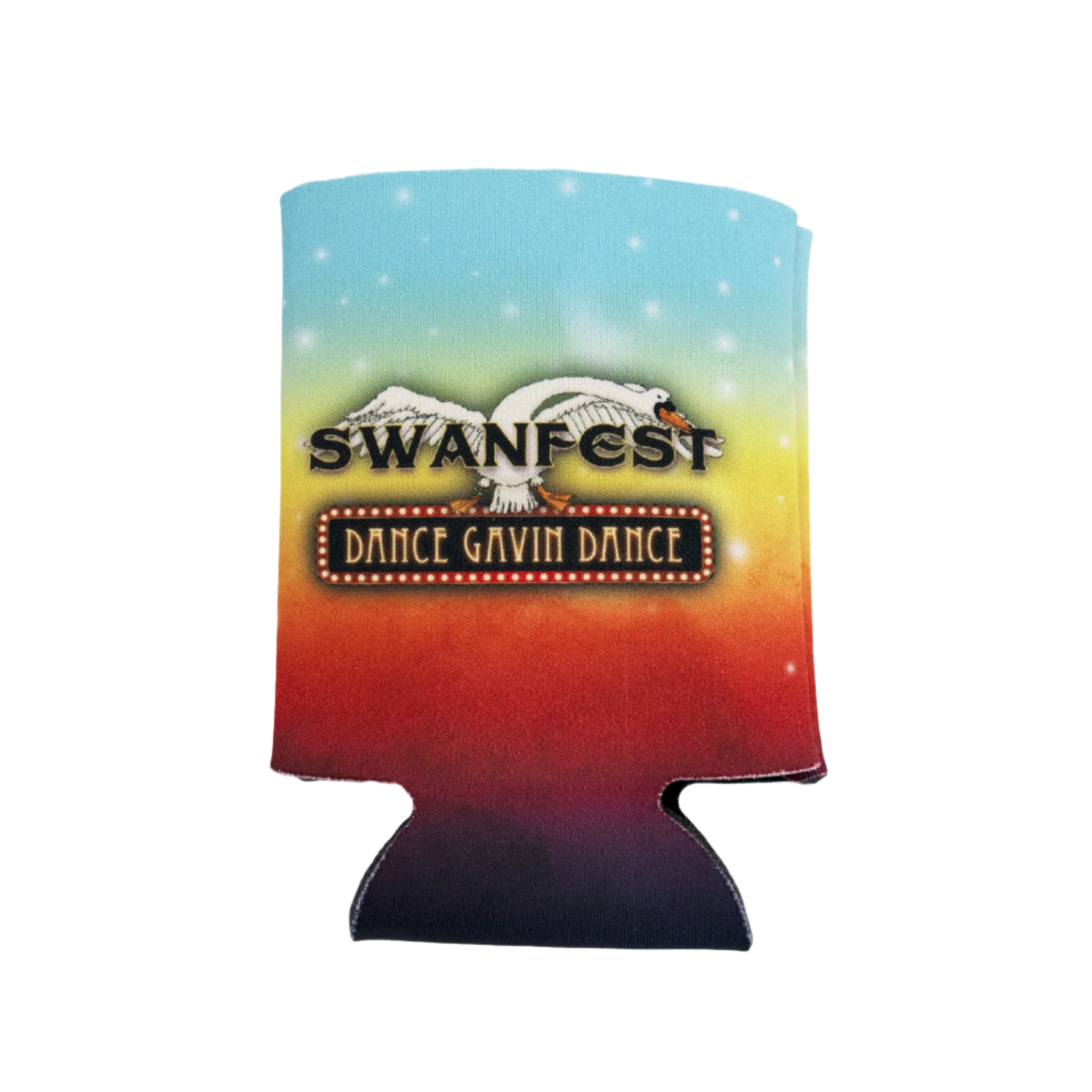 A multicolored drink koozie with 'SWANFEST DANCE GAVIN DANCE' text on it.