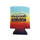 A multicolored drink koozie with 'SWANFEST DANCE GAVIN DANCE' text on it.