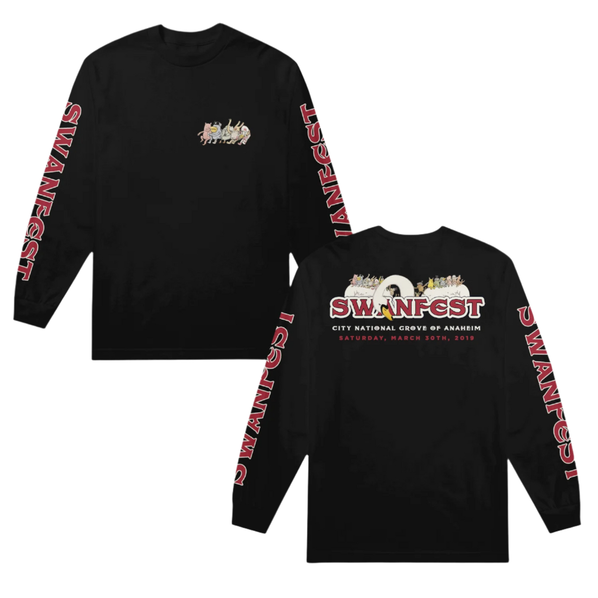Front and back view of a black long sleeve t-shirt with printed text and graphics on the sleeves, predominantly featuring the word 'SWANFEST'.