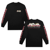 Front and back view of a black long sleeve t-shirt with printed text and graphics on the sleeves, predominantly featuring the word 'SWANFEST'.