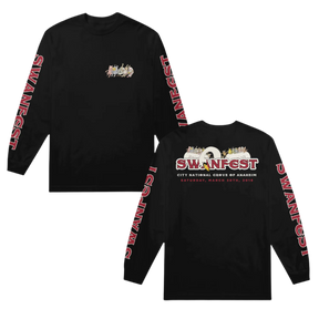 Front and back view of a black long sleeve t-shirt with printed text and graphics on the sleeves, predominantly featuring the word 'SWANFEST'.