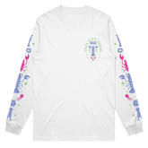 White sweatshirt with colorful animal graphics on sleeves against a white background