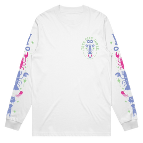 White sweatshirt with colorful animal graphics on sleeves against a white background