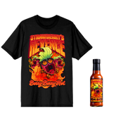 Black t-shirt with colorful graphic design and a bottle of hot sauce on a white background
