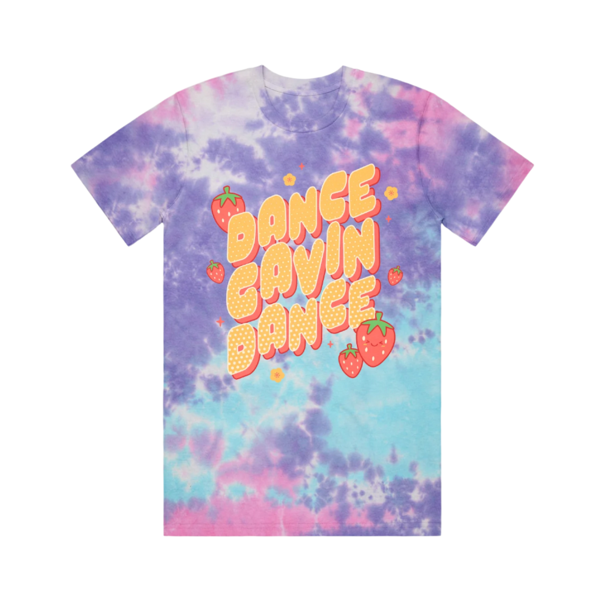 Tie-dye t-shirt with 'Dance Gavin Dance' text and strawberry graphics 