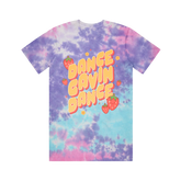 Tie-dye t-shirt with 'Dance Gavin Dance' text and strawberry graphics 