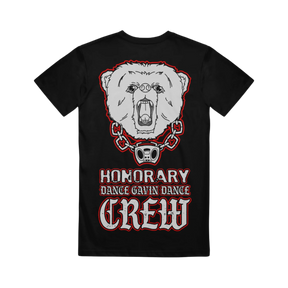 Black t-shirt with a bear graphic and text  that says Honorary Dance Gavin Dance Crew