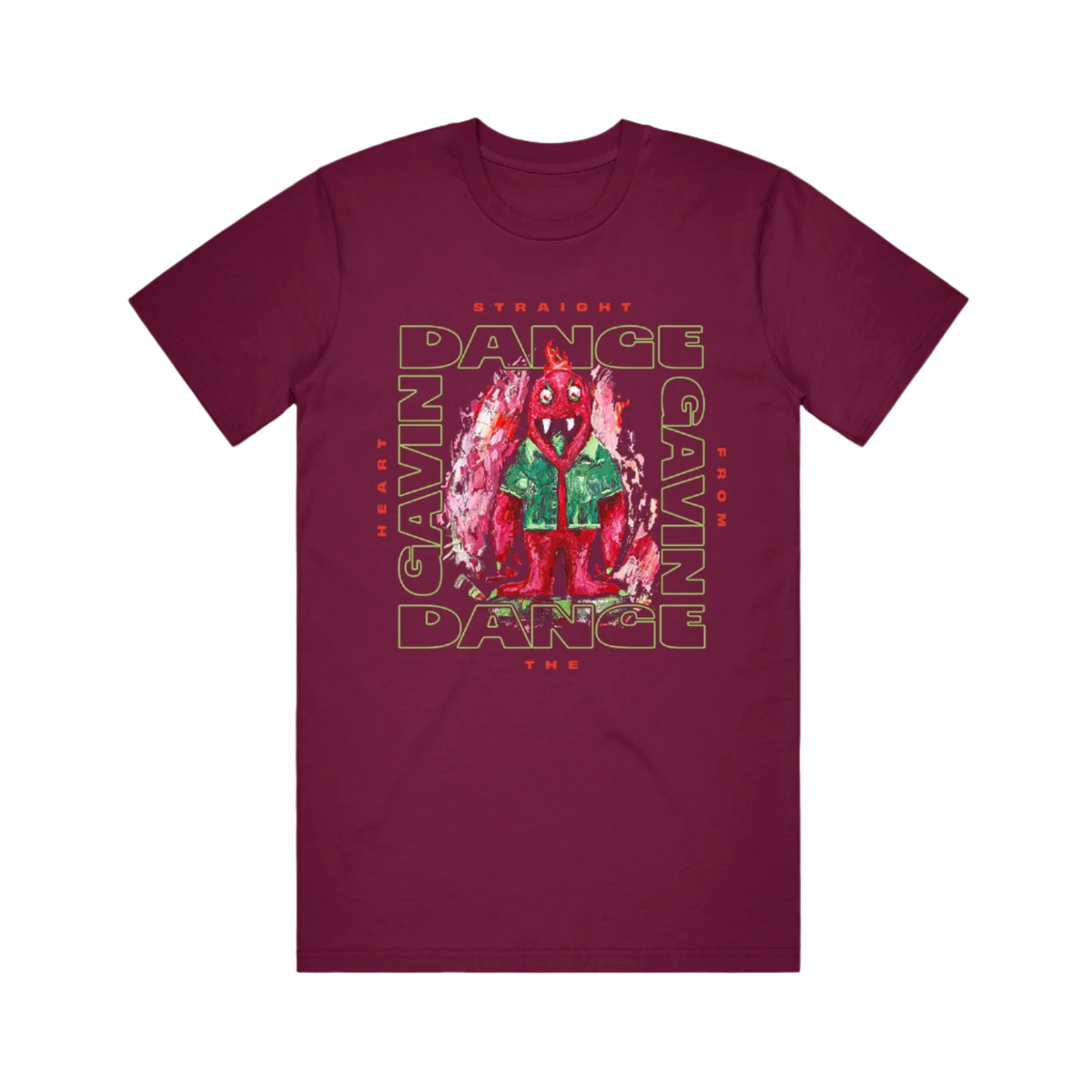 Maroon t-shirt with a graphic print of a character and the text 'DANCE GAVIN DANCE' on the front.