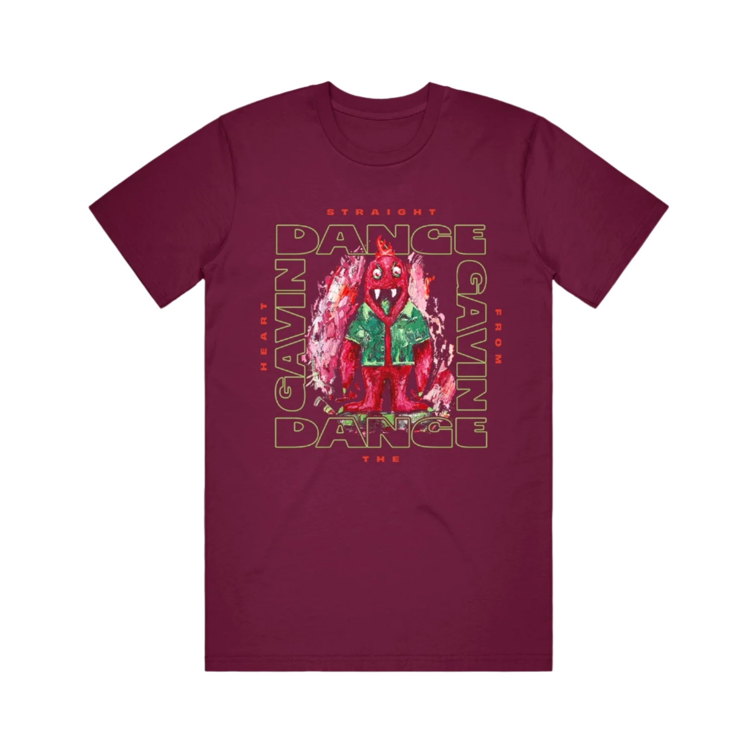 Maroon t-shirt with a graphic print of a character and the text 'DANCE GAVIN DANCE' on the front.