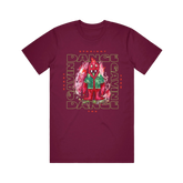 Maroon t-shirt with a graphic print of a character and the text 'DANCE GAVIN DANCE' on the front.