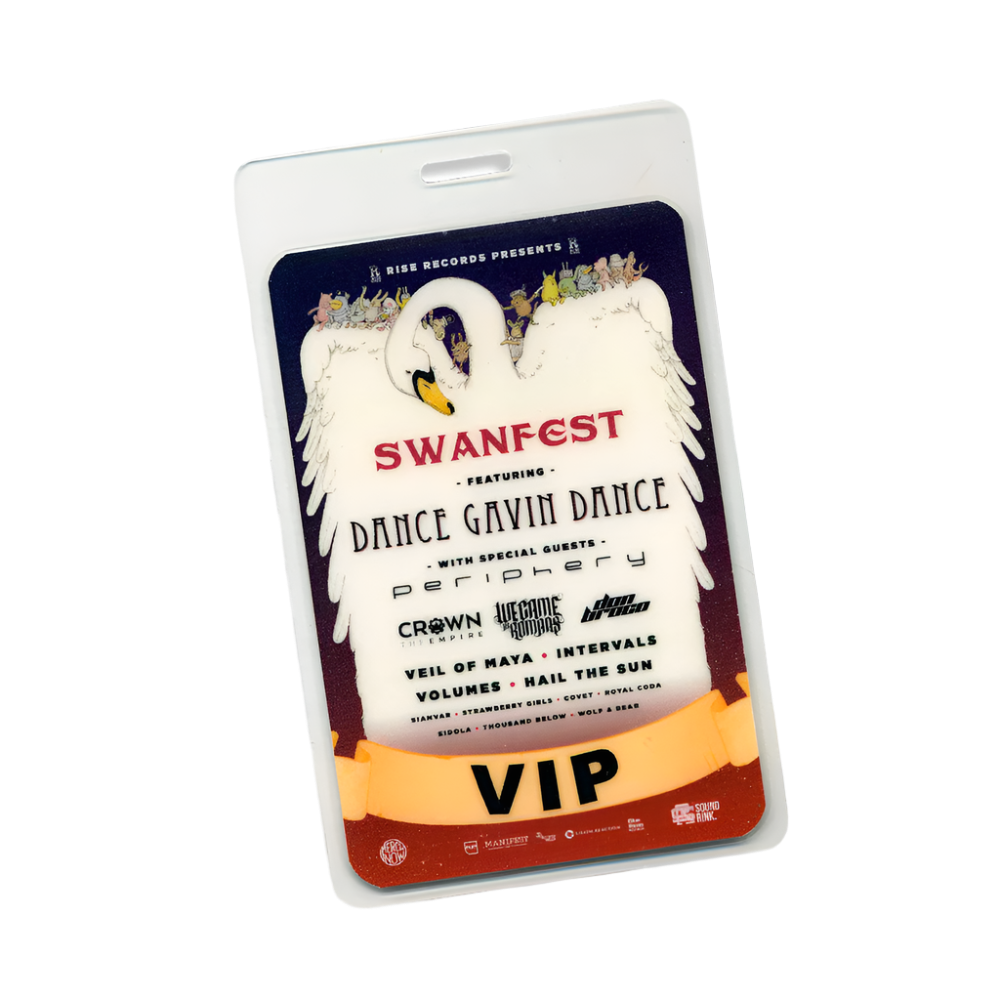 VIP pass for Swanfest featuring Dance Gavin Dance with a swan design on a white background