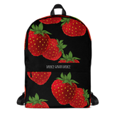 A black backpack featuring a repeating pattern of red strawberries with green leaves, with the text 'DANCE GAVIN DANCE' printed in white across the center.