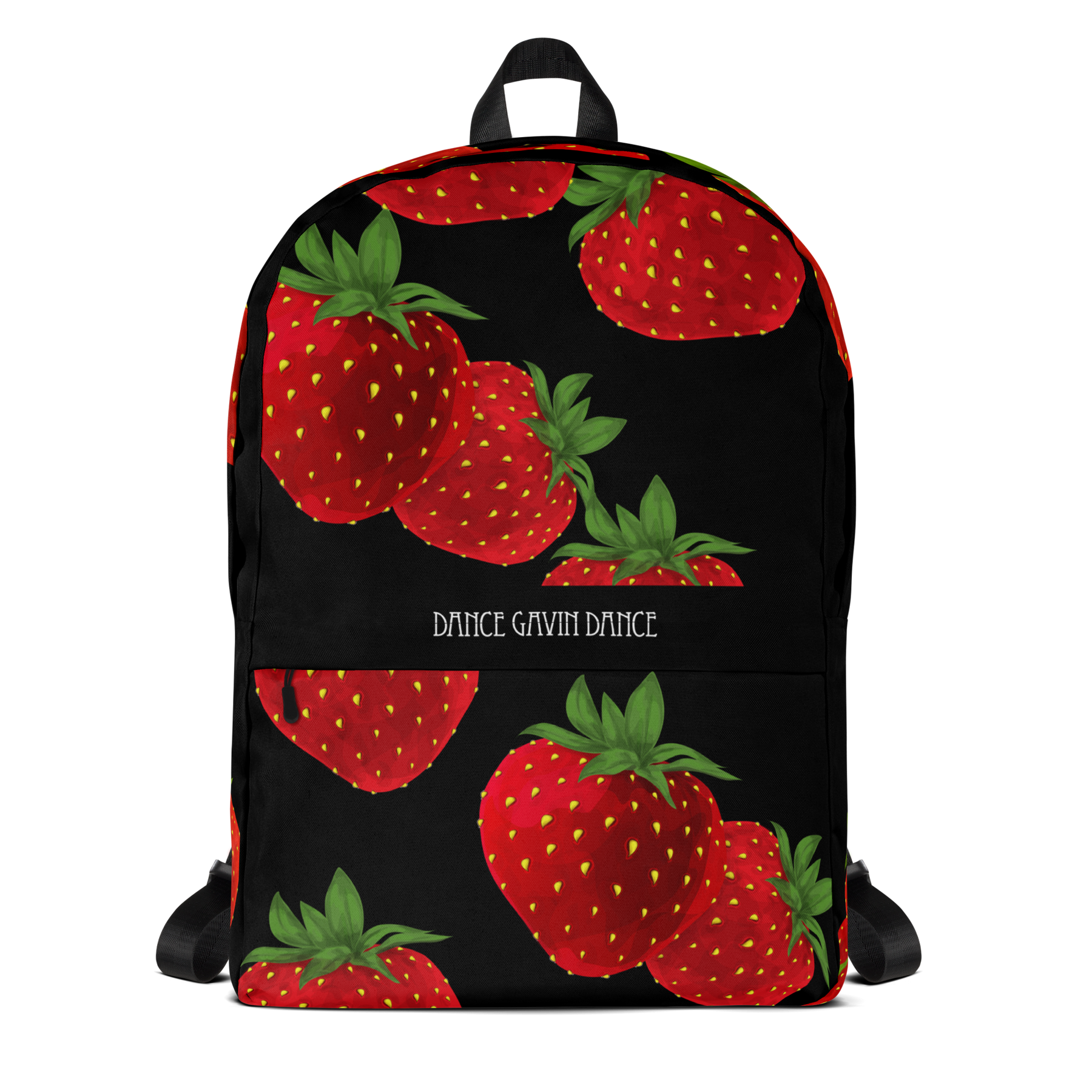 A black backpack featuring a repeating pattern of red strawberries with green leaves, with the text 'DANCE GAVIN DANCE' printed in white across the center.