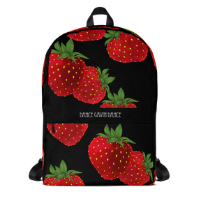 A black backpack featuring a repeating pattern of red strawberries with green leaves, with the text 'DANCE GAVIN DANCE' printed in white across the center.