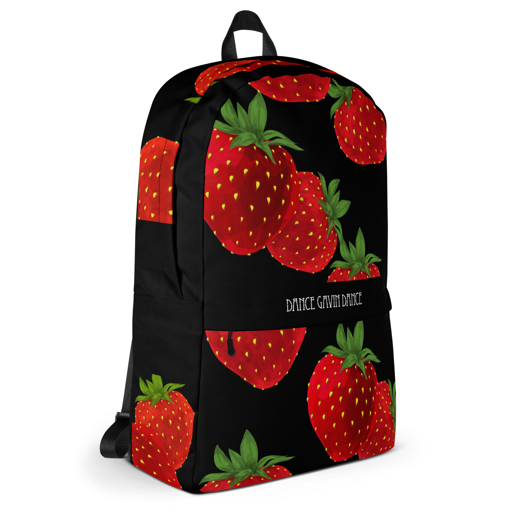 A black backpack featuring a repeating pattern of red strawberries with green leaves, with the text Dance Gavin Dance' printed in white on the front pocket.