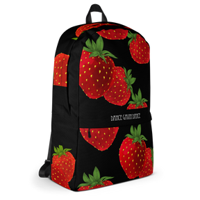 A black backpack featuring a repeating pattern of red strawberries with green leaves, with the text Dance Gavin Dance' printed in white on the front pocket.