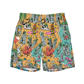 Colorful shorts with cartoon character pattern on a white background