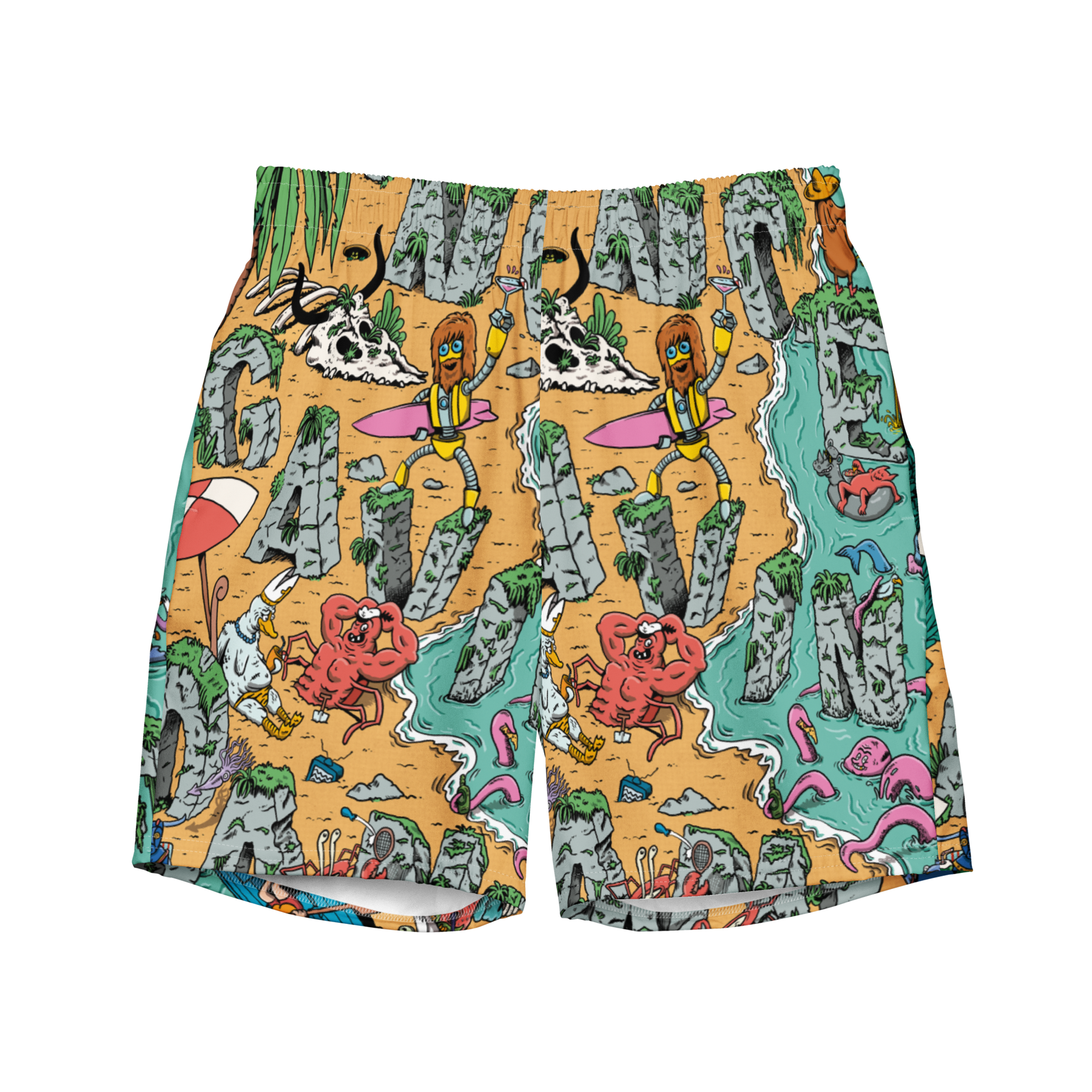 Colorful shorts with cartoon character pattern on a white background